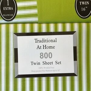 Traditional At Home 4 pc Twin Sheet Set Spring and white stripes.